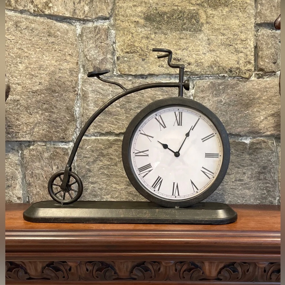 Clock 14x18” Lrg Analog Bicycle Vtg Country Brown Roman Mantle Table Metal wall